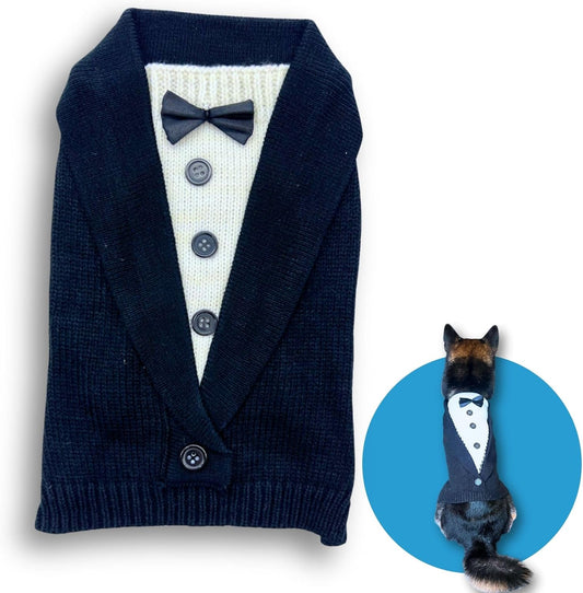 Cute Sweater for Dogs and Cats Soft Flannel Pet Outfit Warm and Cozy Animal Hoodie Small to Large Pet Clothes for Halloween Parties and Everyday Wear (Large, Black Bowtie)