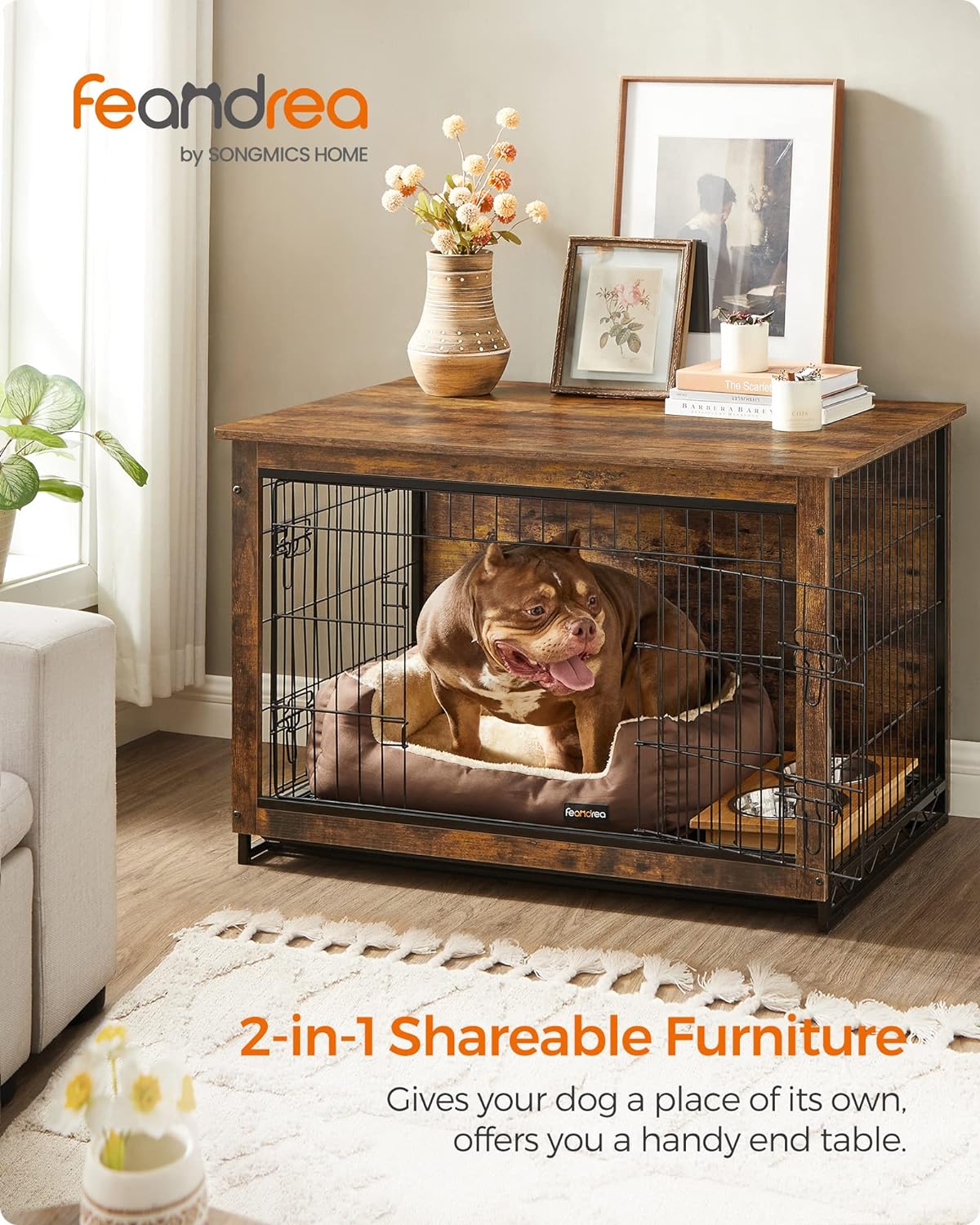Feandrea Dog Crate Furniture, 38.6" Side End Table, Modern Kennel for Dogs Indoor up to 70 lb, Heavy-Duty Dog Cage with Multi-Purpose Removable Tray, Double-Door Dog House, Rustic Brown UPFC003X01