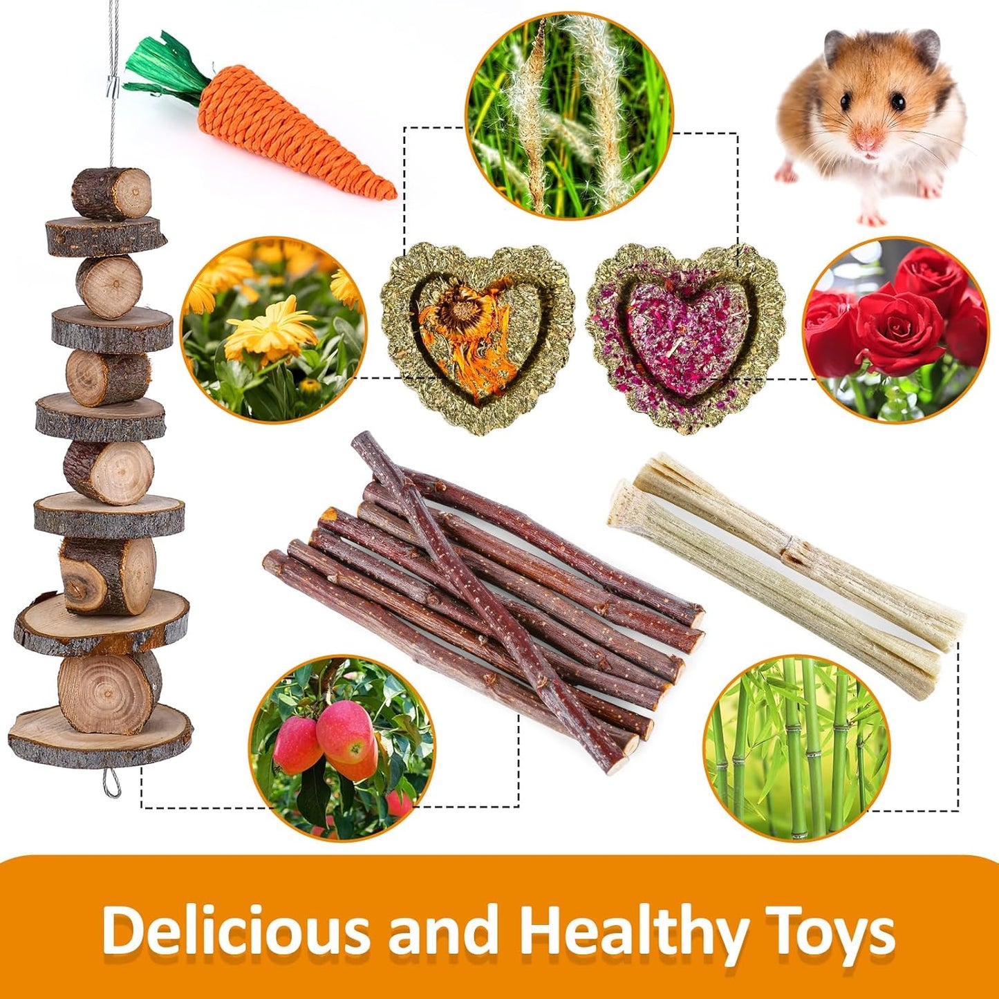 VESPRO Hamster Toys Set, Guinea Pig Toys Small Animal Chewing Toy and Rat Cage Accessories, Chinchillas, Gerbils, Rats, Rabbit Rodents Teeth Care, Apple Wood Timothy Hay Mouse Toy Swing Seesaw Bridge