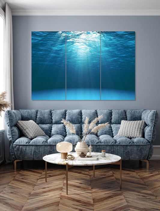 Nature Wall Art Prints - Ocean Forest Mountain Lake Canvas Landscapes - Small to Extra Large Living Room Bedroom Kitchen Bathroom Décor (Sun Rays Under Water, 39L" x 59W" - 3 Panels)