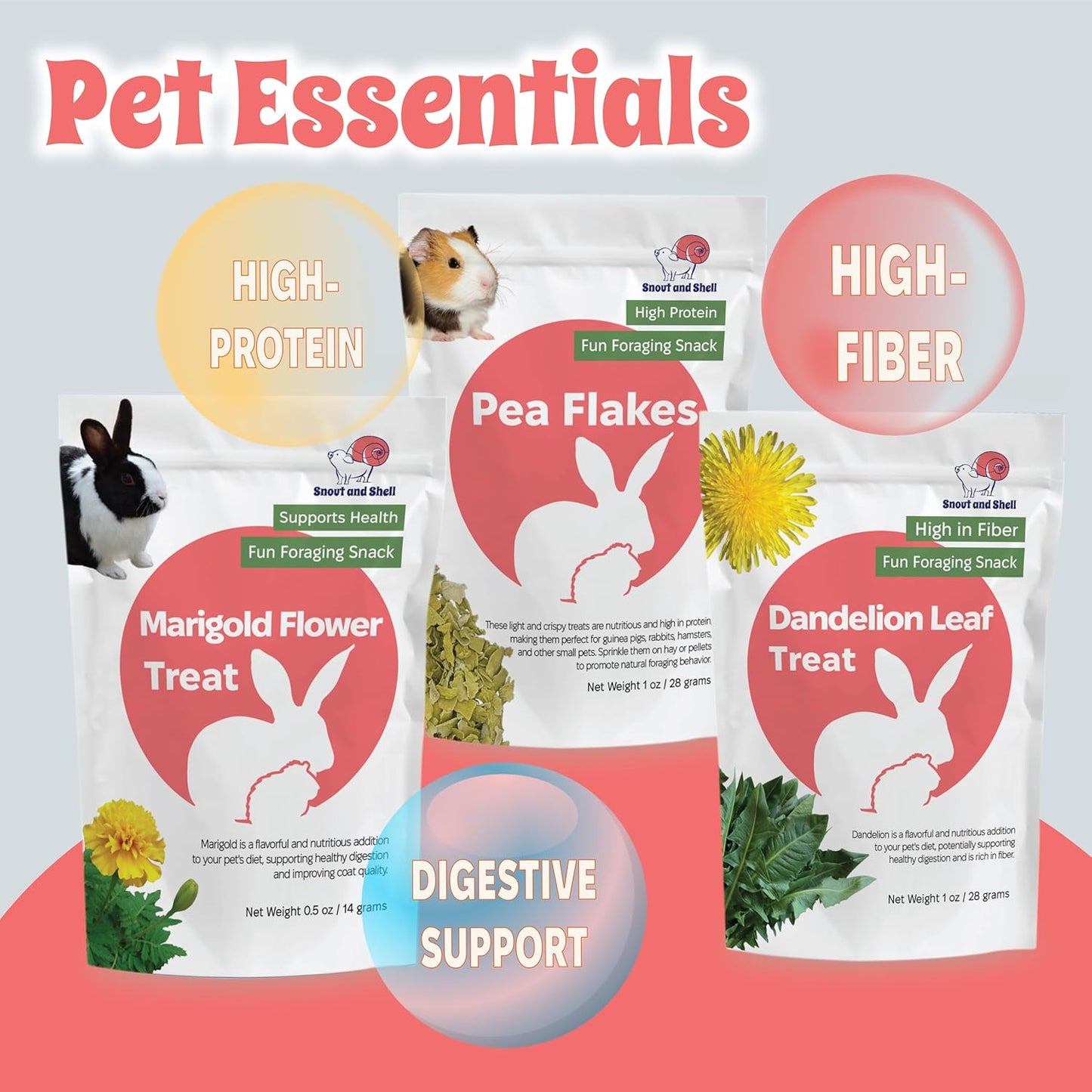 Snout and Shell Small Animal Treats – Pea Flakes, Dandelion Leaf (1oz), Marigold Flowers (0.5oz) – Natural Foraging Snacks for Rabbits, Guinea Pigs, Chinchillas, Hamsters & More