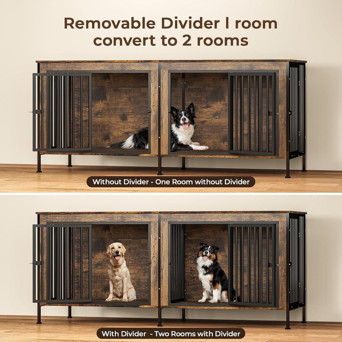 63 in Dog Crate Furniture for 2 Large/Medium Dogs with Removable Divider, Extra Large Double Doors Dog Kennel, XXL Thick Wooden Dog Cage Furniture,Sturdy and Durable, Brown