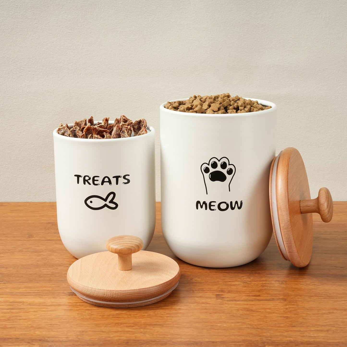 Cat Treat Container with Airtight Lid, Cat Food Oganizer Dry Food, Cat Food Storage Containers, Pet Treats Canister, Cat Treat Jar Set of 2-8.3x4.9 & 7.1x4.3 (White)