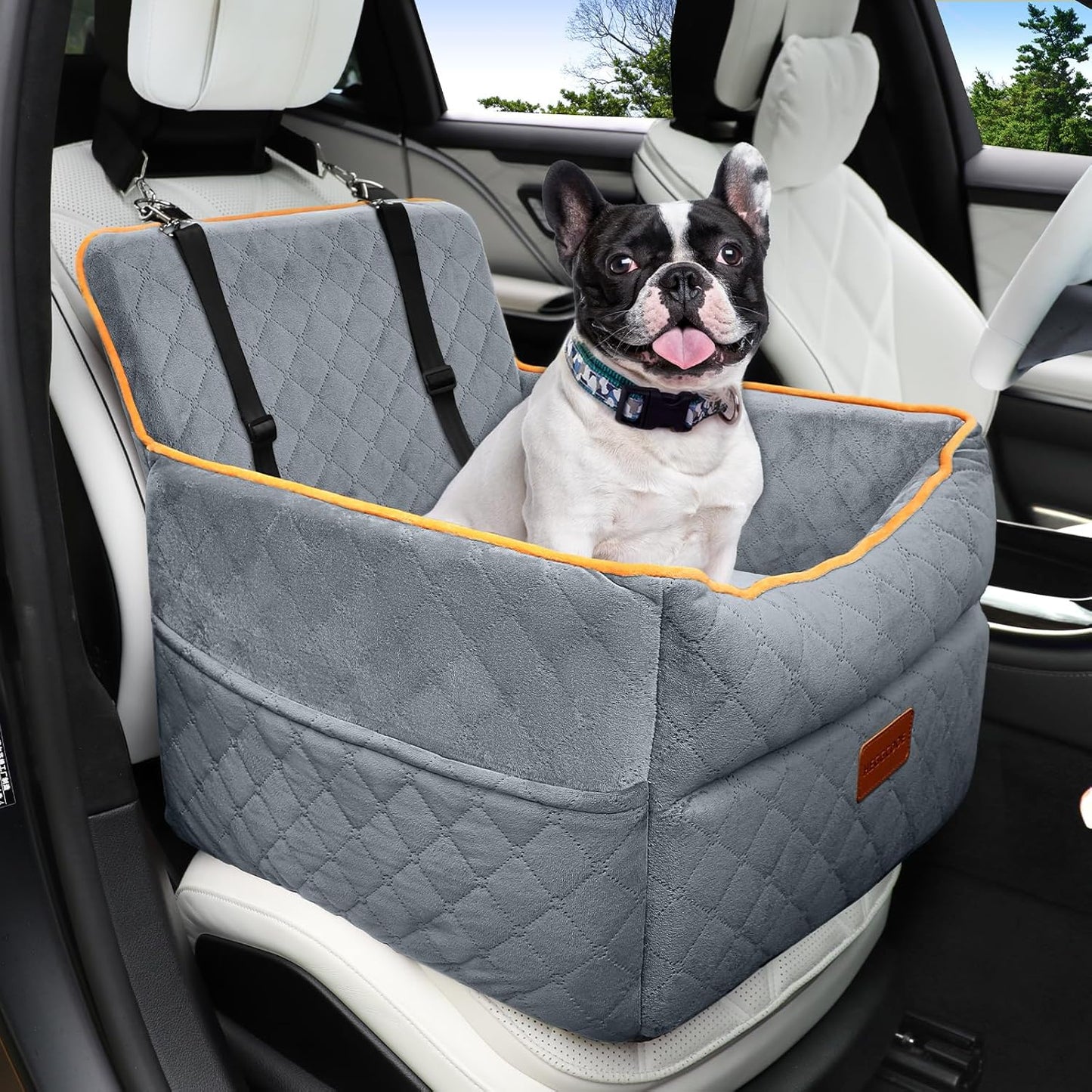 Dog Car Seat for Small Medium Dogs, Memory Foam Puppy Dog Booster Seat with Thick Cushion for Dogs Under 35lbs, Detachable Washable Pet Car Seat Travel Bed with Storage Pockets,2 Safety Belts