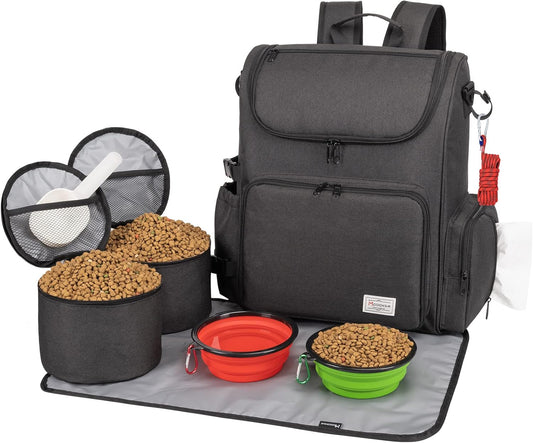 Modoker Dog Travel Bag Backpack, Airline Approved Pet Accessories Organizer for Dog and Cat with Shoulder Strap, 2 Dog Food Storage Containers, 2 Collapsible Dog Bowls,1 Pet Mat, Black
