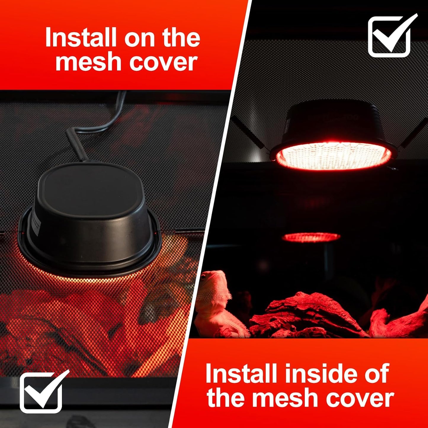 G9 Reptile Infrared Heat Lamp, Terrarium Heating Lamp Fixture with 50W UVA Low Profile Night Red Bulb | Safety Mesh, Tank Hood Basking Spot Light for Bearded Dragons Turtles Lizards Geckos