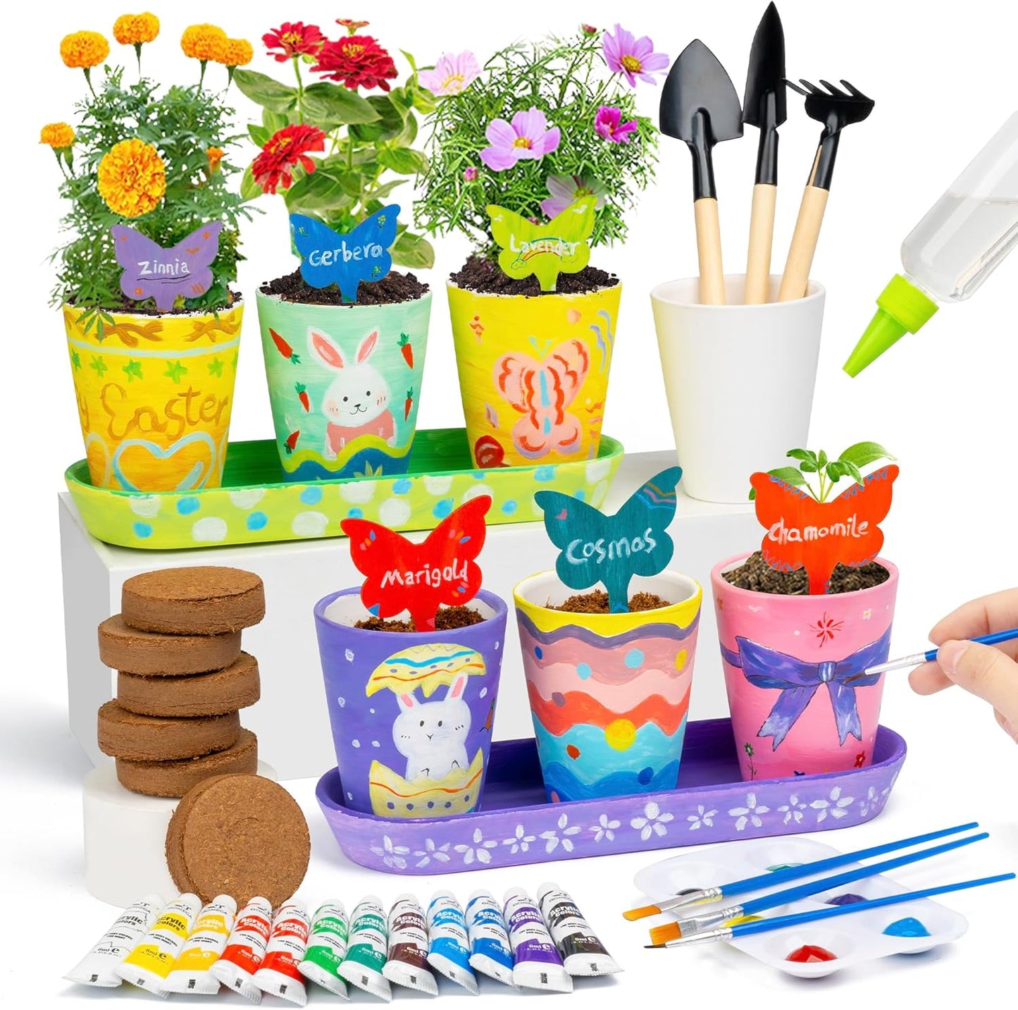 RGBDOT Kids Gardening Set Paint and Plant Stoneware Flower Growing Kit with 6 Pots and Gardening Tools Arts and Crafts for Kids Ages 8-12 Best Children’s Day Gift for Girls Boys Ages 5 6 7 8 9 10