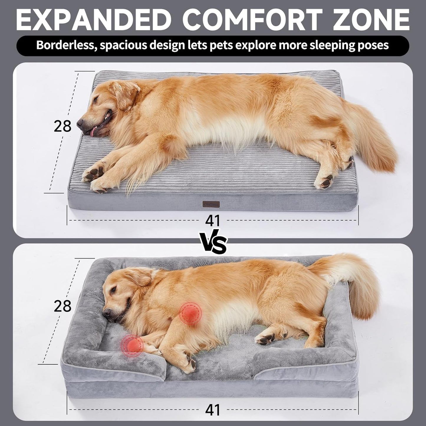 OhGeni Orthopedic Waterproof & Machine Washable Dog Bed for Large Pets, Suitable for Crates, 25D Egg Crate Foam, Non-Slip Bottom & Removable Cover, Corduroy Fabric, 41 Inches(Gray)