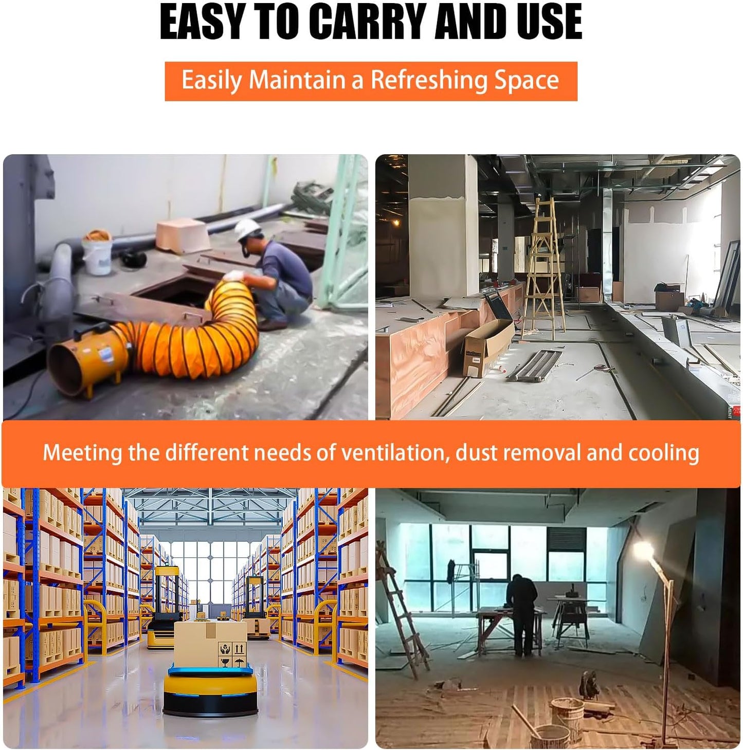 8-Inch High-Velocity Portable Utility Blower Fan, Industrial Exhaust Fan with 33ft Flexible Duct Hose, 3150 RPM Low-Noise Ventilator for Basements, Workshops, Warehouses, and Confined Spaces