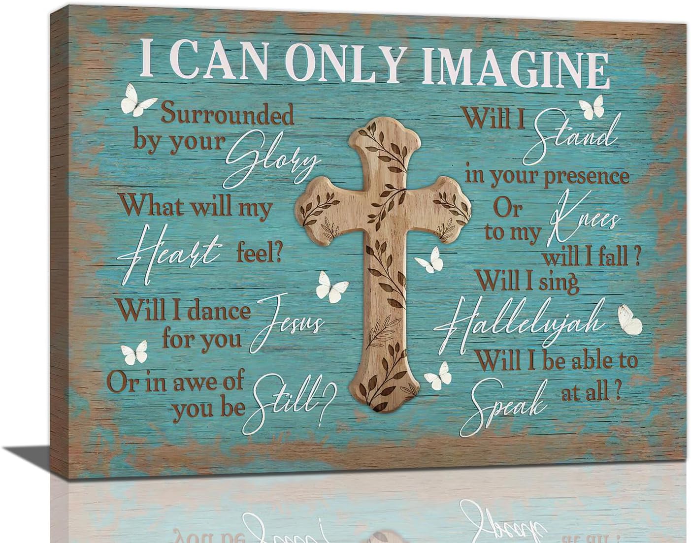Rustic Christian Cross Wall Art I Can Only Imagine Pictures Farmhouse Butterfly Wall Decor Teal Motivational Canvas Print Painting Artwork for Bathroom Living Room Bedroom 12"x16"