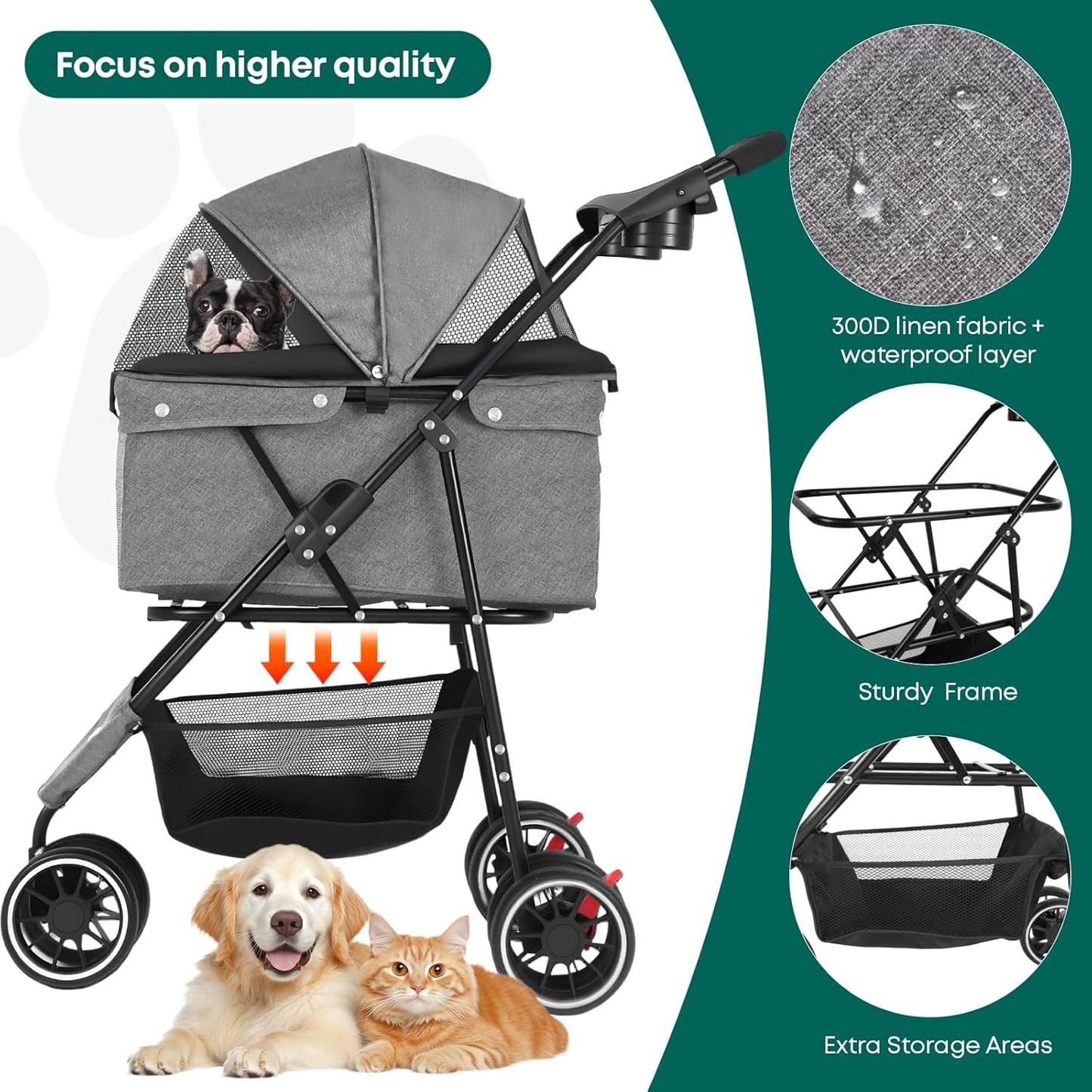 Pet Stroller,Dog Stroller for Small Medium Dogs Cats,3 Wheels,Foldable,with Breathable Mesh Canopy,Cup Holders,Easy Assembly,Grey