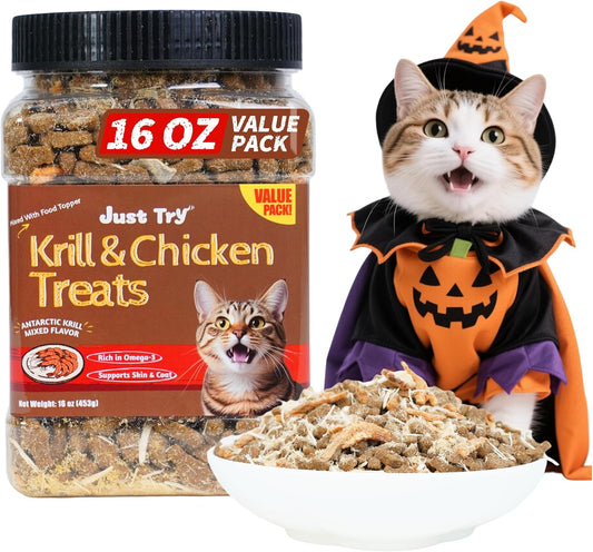 Just Try 16 OZ Krill & Chicken Cat Treats - Freeze-Dried Shrimp Snacks with Omega-3, Crunchy Cat Treats for Skin & Coat Health, Dental Care & Training Treats