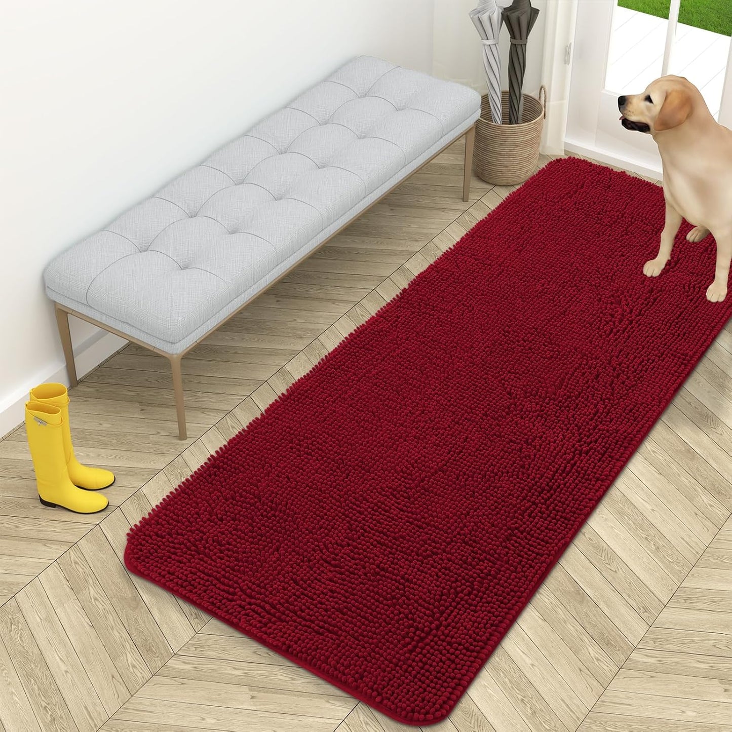OLANLY Dog Door Mat for Muddy Paws 59x24, Absorbs Moisture and Dirt, Absorbent Non-Slip Washable Doormat, Quick Dry Chenille Mud Mat for Dogs, Entry Indoor Entryway Carpet for Inside Floor, Red
