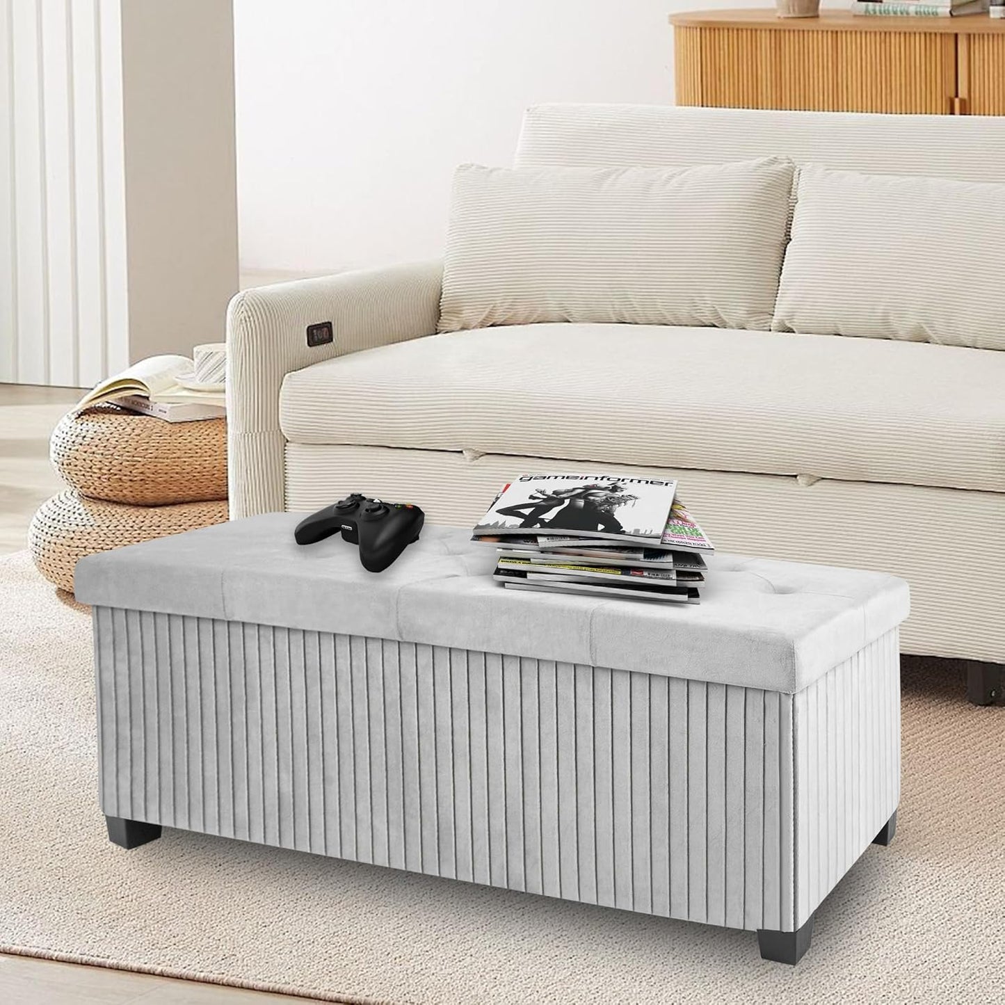 Storage Ottoman Bench, 43 Inch Foldable Ottoman with Legs, Velvet Foot Rest Stool, End of Bed Bench, Storage Chest for Living Room, Bedroom (Grey)