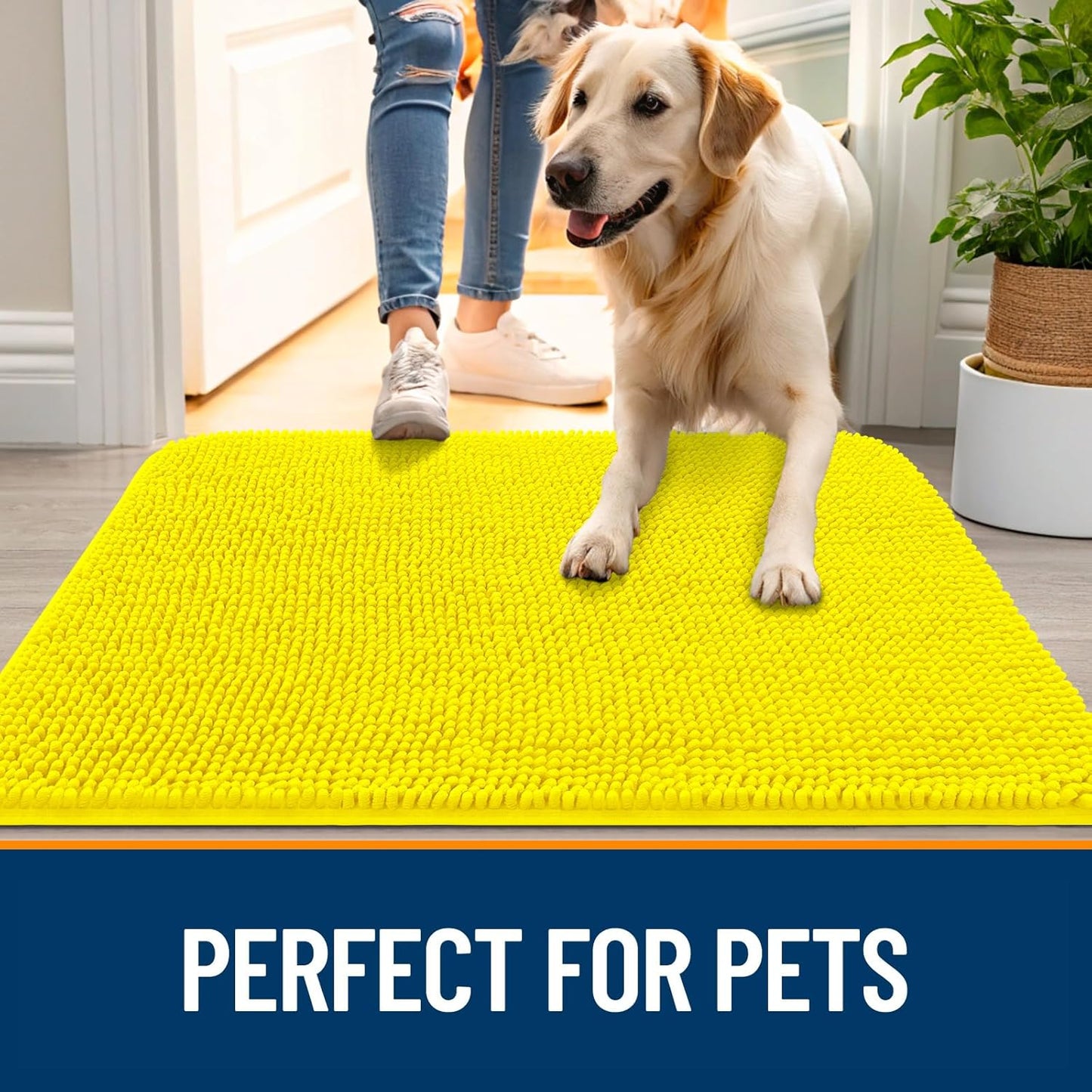 OLANLY Dog Door Mat for Muddy Paws 44x24, Absorbs Moisture and Dirt, Absorbent Non-Slip Washable Doormat, Quick Dry Chenille Mud Mat, Entry Indoor Entryway Carpet for Inside Floor, Lemon Yellow