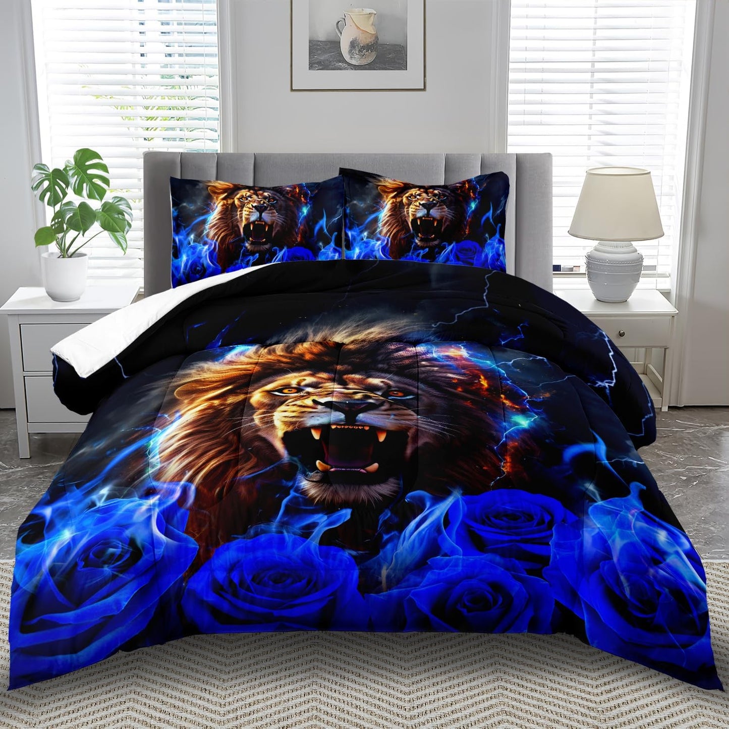 Lion Blue Comforter Set Queen,Lion Bedding Set Boys,Animal Print Comforter Bedroom Decor for Home,Vintage Floral Quilt,Blue Flower Bedding Adult,Tiger Quilt Bed Decor Teen