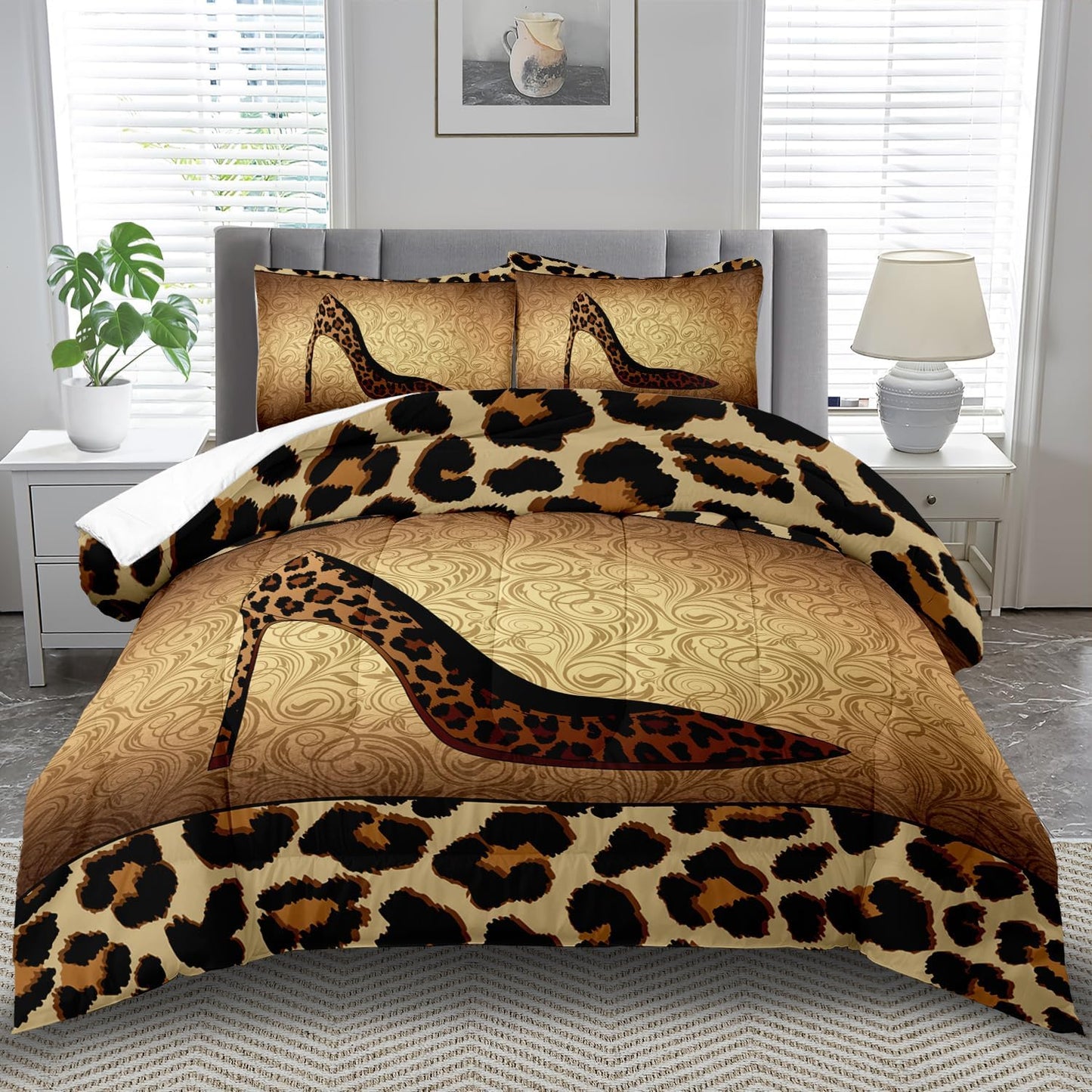 Leopard Comforter Set Full Girls,Sexy High Heel Comforter for Women,Leopard Print Bedding Set Full Adult,High Heel Quilt Bedroom Decor,African Animal Print Bedding Quilt