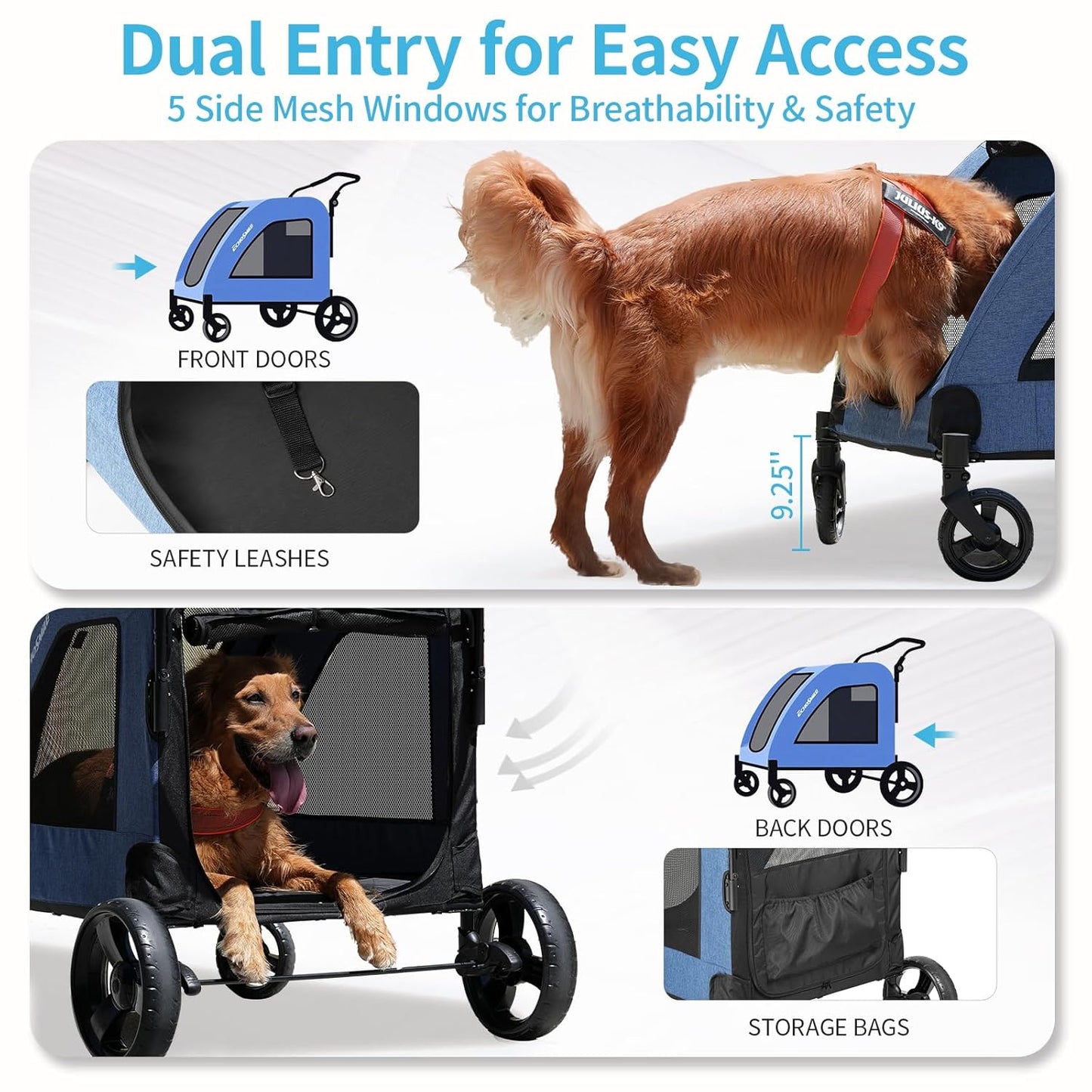 EchoSmile Heavy-Duty Large Dog Stroller with Shock-Absorbing Wheels, Foldable Pet Travel Carrier for Medium & Large Dogs, 5 Mesh Windows, 160 lbs Capacity, Easy Assembly & Storage