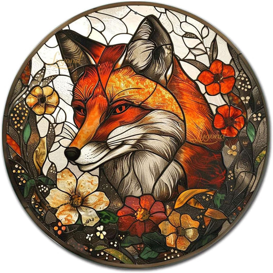 Lygond Metal Sign Tin Sign Circular Stained Glass Fox Boho Bedroom Decorations for Home Decor 8×8 Inches