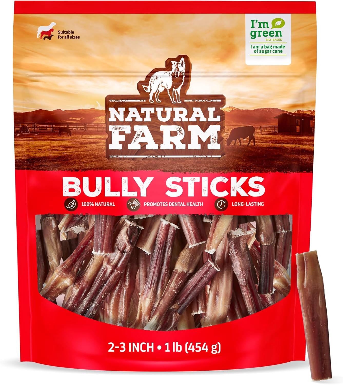 Natural Farm Odor Free Bully Sticks (2-3 Inch, 1 Pound) for Small & Medium Dogs - 100% Beef Chews for Pups, Non-GMO, Grain-Free, Fully Digestible Long Lasting Dog Treats