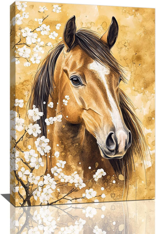 Horse Wall Art Canvas Rustic Horse Wall Decor Prints Framed Painting Farmhouse Flower Pictures Gifts Artwork for Bathroom Living Dining 16"x24"