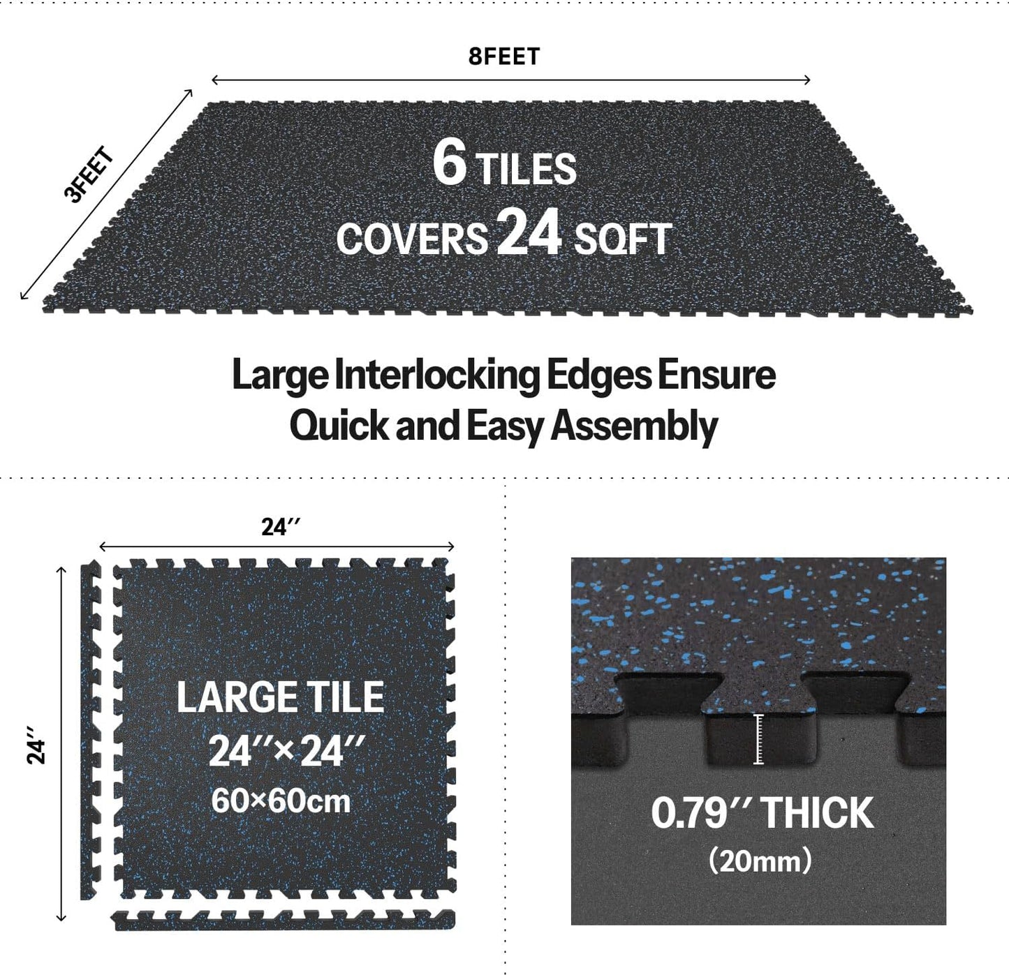 AIRHOP 0.79in Thick 24 Sq Ft Exercise Equipment Mats, 6 Tiles Upgraded Rubber Top with High Density EVA Foam, Large Interlocking Puzzle Gym Flooring for Home Gym, Heavy Weight Workout,Black & Blue