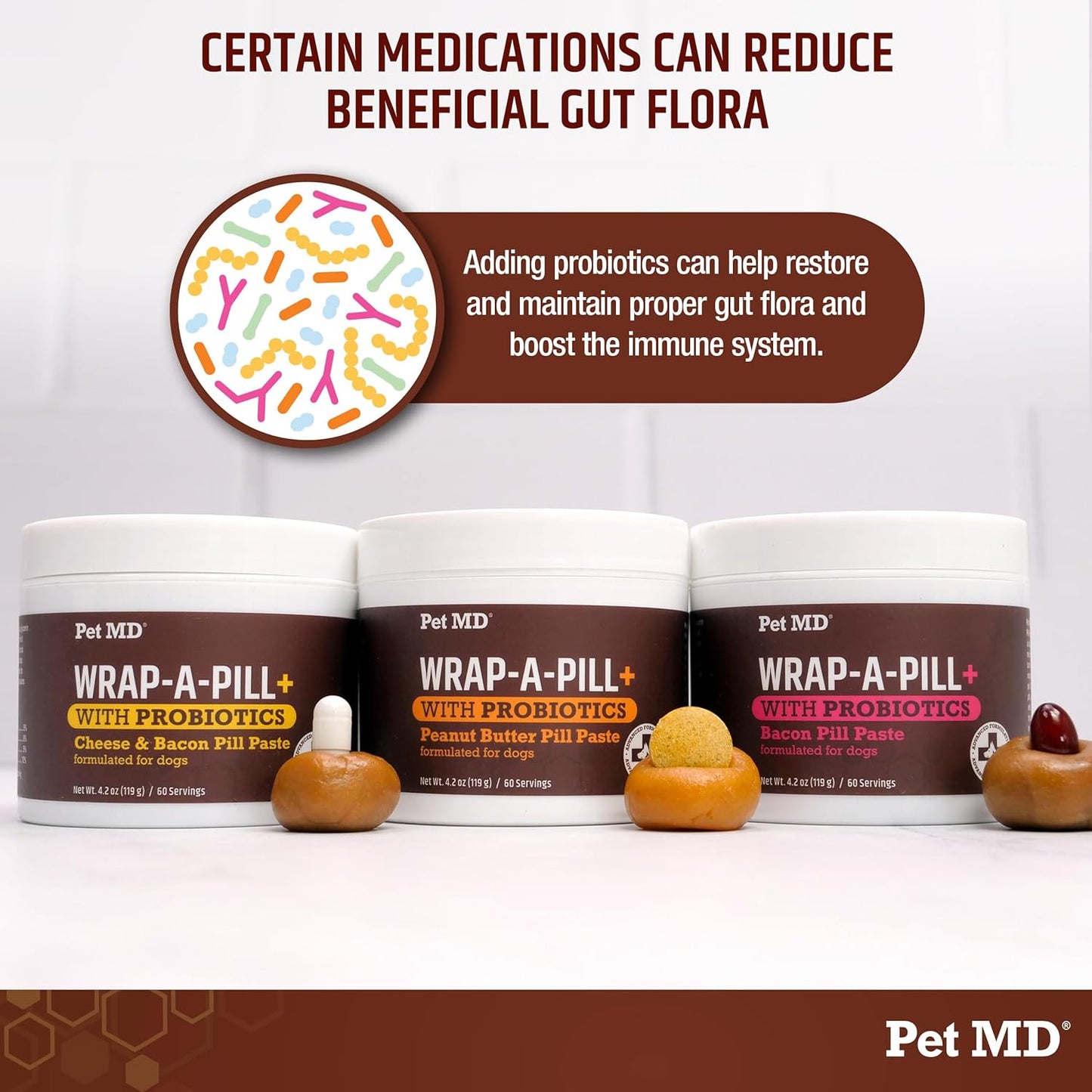 Pet MD Wrap-A-Pill with Dog Probiotics - Pill Wrap for Dogs Medicine - Easy-to-Use Paste to Hide Capsules, Create Pockets and Treats for Dogs - Cheese & Bacon (4.2oz)