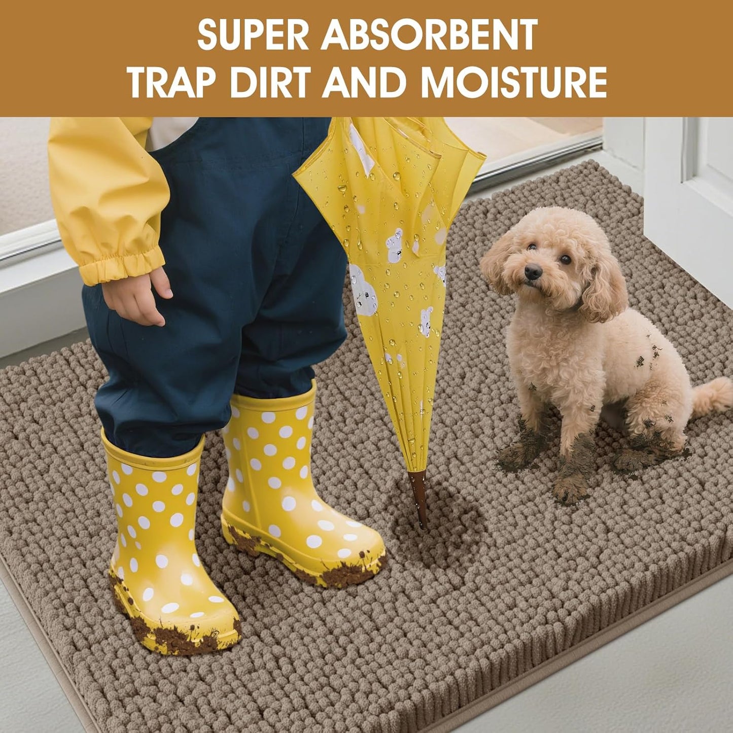 Dog Door Mats for Muddy Paws, Chenille Absorbent Dog Mats, Non Slip Heavy Mud Mat for Dogs, Soft Pet Mat for Entryway, Mud Paws, Inside Floor,48" x 38", Beige