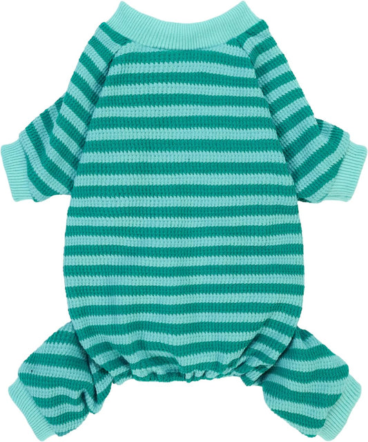 Fitwarm Green and Teal Striped Dog Pajamas, Waffle Dog Clothes for Small Dogs Girl Boy, Puppy Onesie with Feet, Pet Cat Outfit, XXL