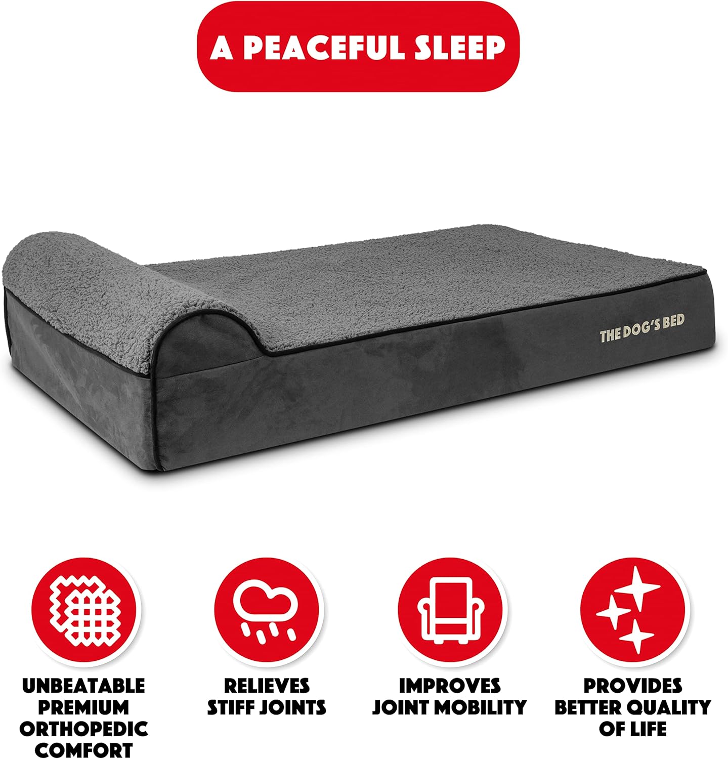 The Dog’s Bed Orthopedic Headrest Dog Bed XL Grey Plush 46x28, Memory Foam, Pain Relief for Arthritis, Hip & Elbow Dysplasia, Post Surgery, Lameness, Veterinary Approved, Waterproof Washable Cover