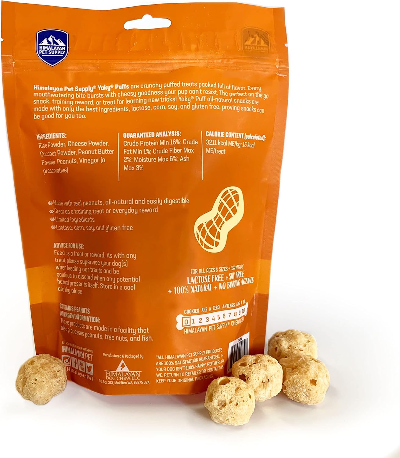 | yakyPUFF Himalayan Cheese Treats | Lactose Free | Gluten Free | Grain Free | USA MADE | For All Breeds | Peanut Butter Flavor Crispy Puffed Treat