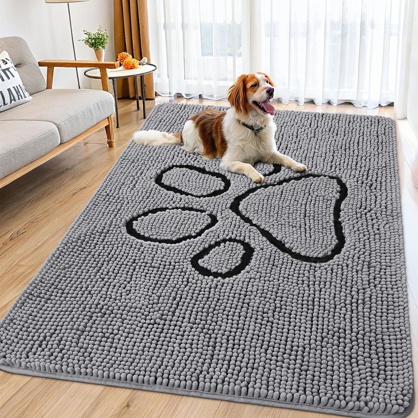 Smiry Dog Door Mat for Muddy Paws, Absorbent Dirt Trapper Non Slip Quick Dry Washable Chenille Mat for Mud Dogs, Entry Rug for Indoor and Outdoor (59x46 Inches, Grey)