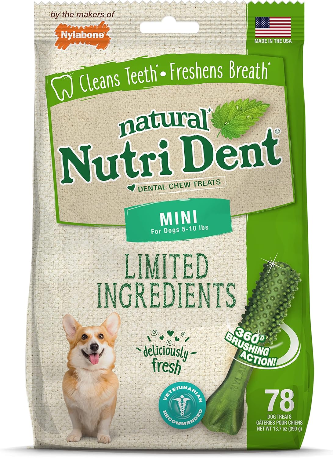 Nylabone Nutri Dent Dog Dental Chews, Natural Teeth Cleaning Treats & Breath Freshener for Dogs, Fresh Mint Flavor, Mini (78 Count)