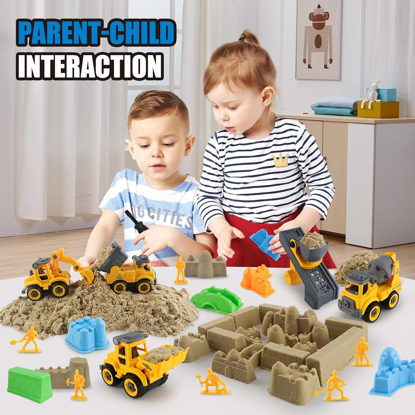 Construction Sandbox with Lid - 4 Vehicles with 1 Conveyor, 8 Castle Molds, 6 Figures & 3lbs Moldable Sand - Preschool Sensory Bin for Fine Motor Skills, Ages 3-6