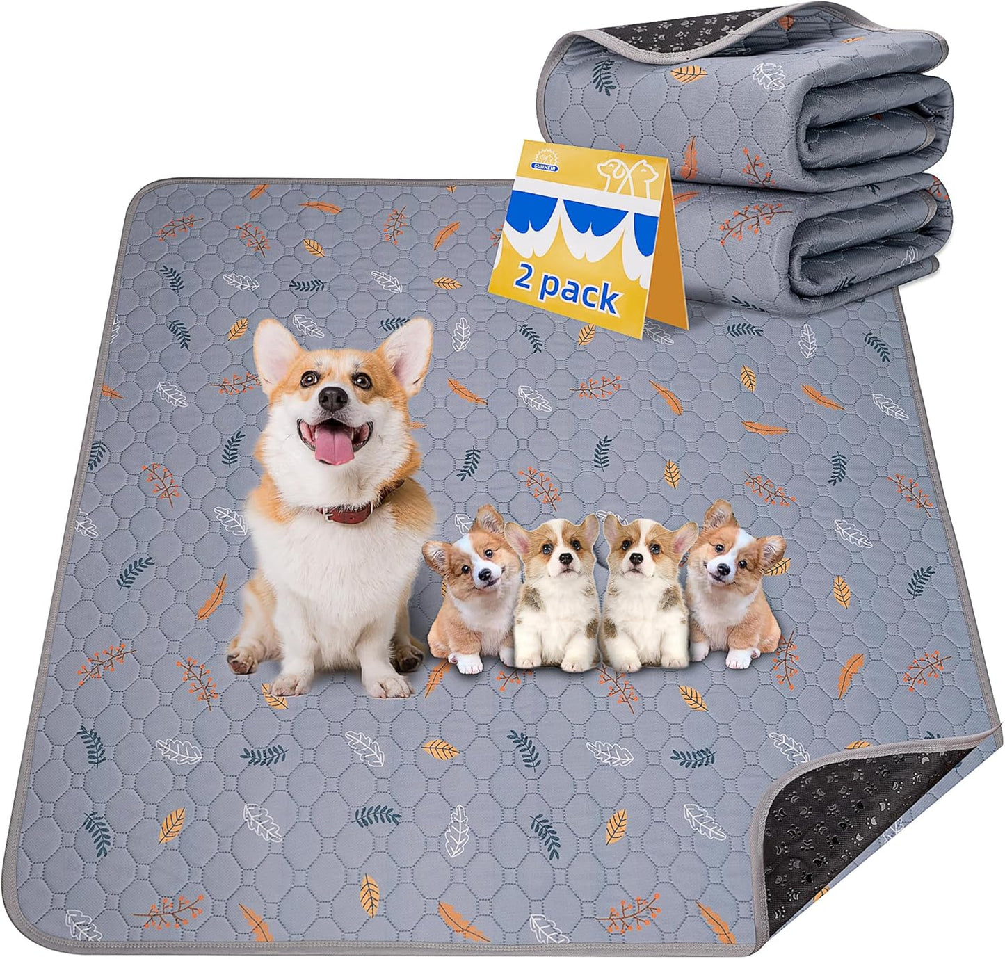 Sunheir 2-Pack Extra Large Reusable Dog Mat for Floor, Dog Playpen, Non-Slip Waterproof, Super Absorbent Washable Pee Pads for Dogs, Pet Whelping Pads, Crate (36" x 41", Light Grey)