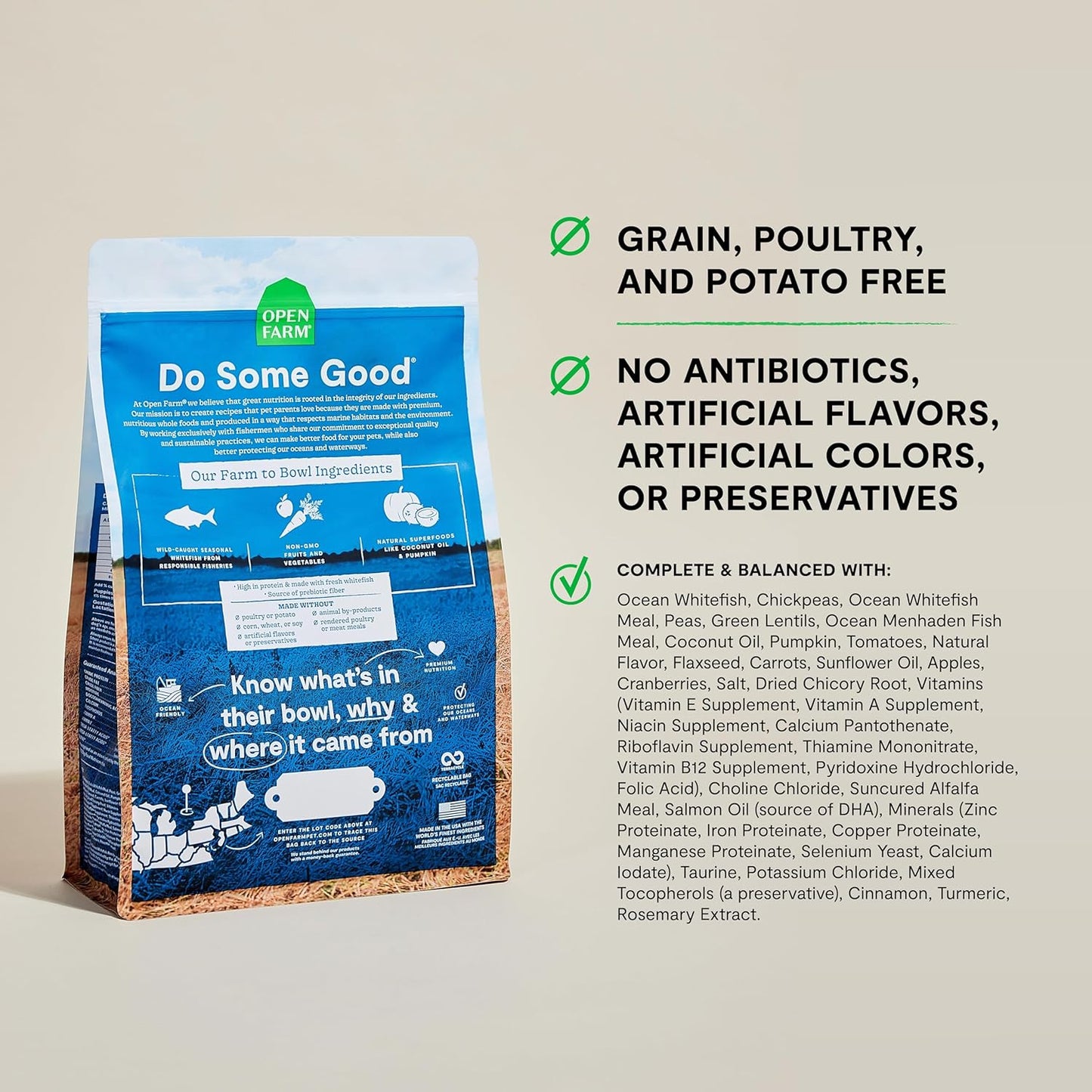 Open Farm, Grain-Free Dry Dog Food, Complete & Balanced Kibble, Sustainably & Ethically Sourced Ingredients, Non-GMO Veggies & Superfoods, Catch-of-The-Season Whitefish Recipe, 22lb Bag