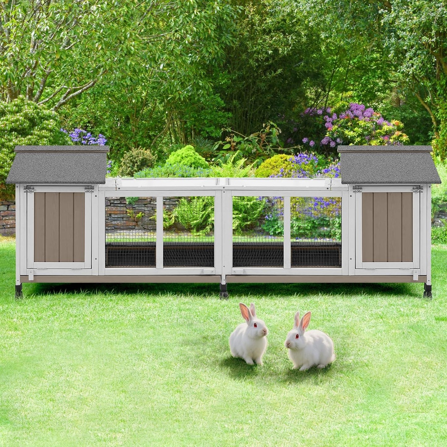76''L Rabbit Hutch Outdoor Indoor with Wheels, Wooden 2 Story Bunny House Rabbit Cage with Run, Waterproof Roof, Pull Out Tray, Guinea Pig Cage Chicken Coop for Small to Medium Pets