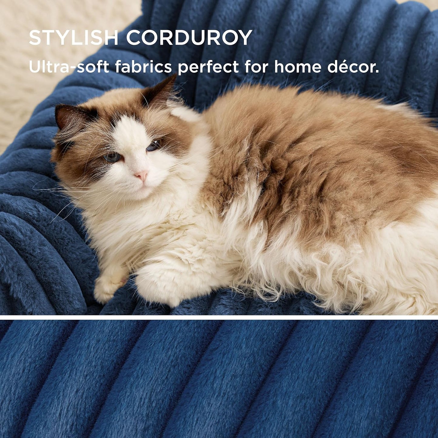 Bedsure Cute Cat Couch for Pets - Fluffy Cat Sofa with Premium Soft Corduroy Fleece, Fuzzy Pet Couch Bed with Removable Washable Cover, Supportive Pet Chair for Indoor Cats, 24inch, Night Blue