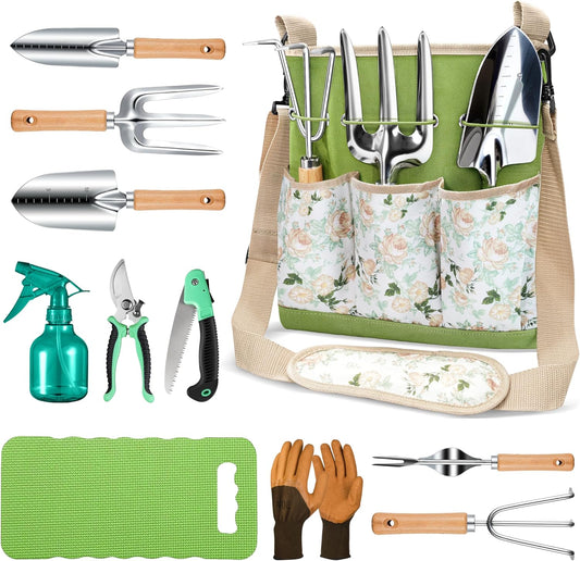 All-in-One Garden Tool Set, 11-Piece Heavy Duty Gardening Tools with Ergonomic Canvas Shoulder Crossbody Bag, Rust-Proof Premium Garden Tool Kit, Gardening Gift for Women Men, Green, GR003