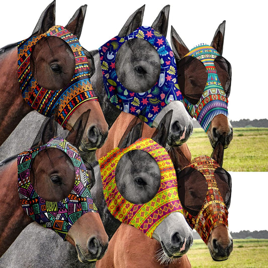 Chunful 6 Pcs Horse Fly Masks with Ears Smooth and Comfortable Cashel Mesh Fly Mask Elasticity Breathability UV Protection Horse Face Covering for Riding Supplies(Geometric,Medium)
