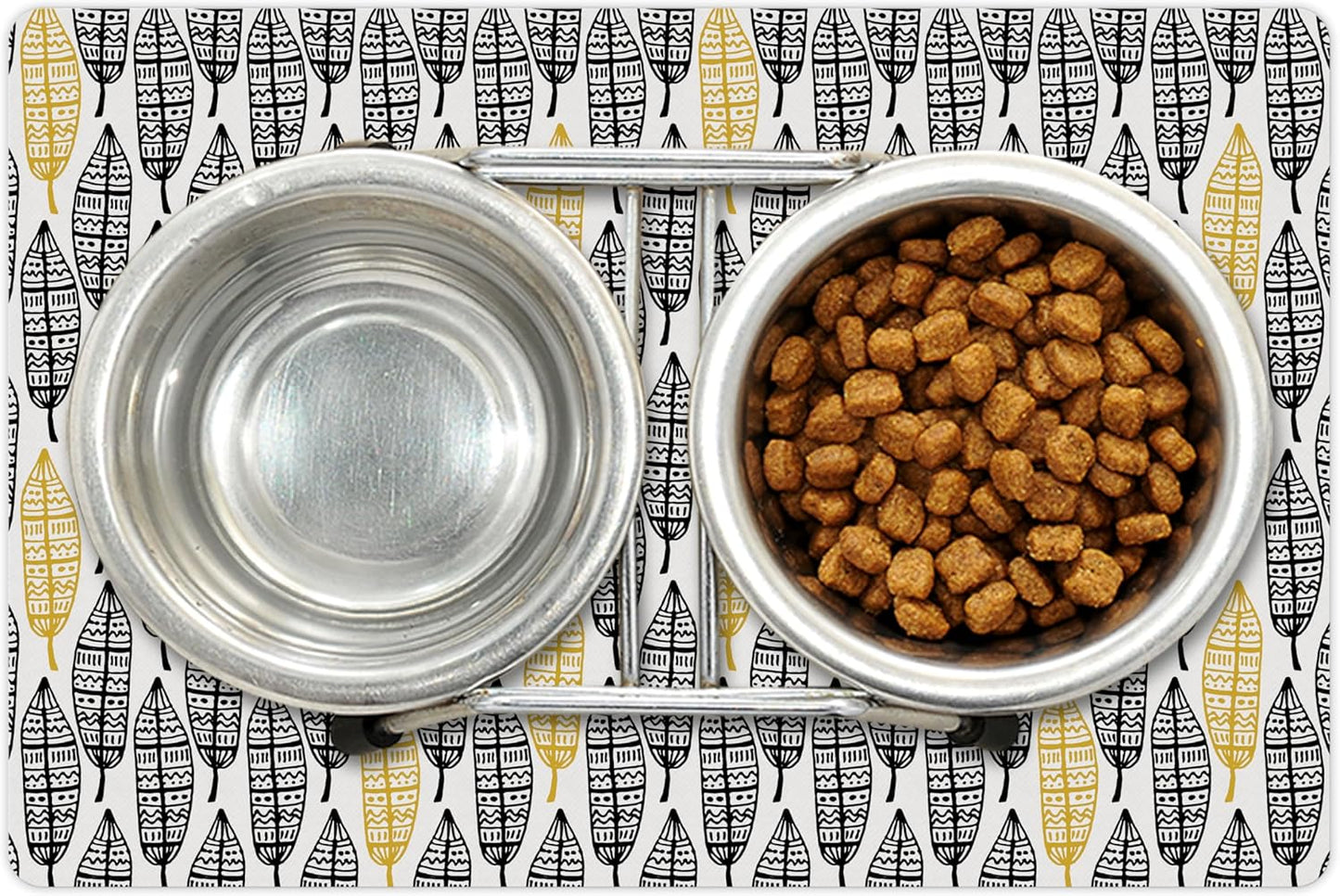 Lunarable Aztec Pet Mat for Food and Water, Modern Graphic of Ornate Hand Drawn Style Old Feather Form with Aztec Lines Print, Non-Slip Rubber Mat for Dogs and Cats, 18" X 12", Charcoal Yellow