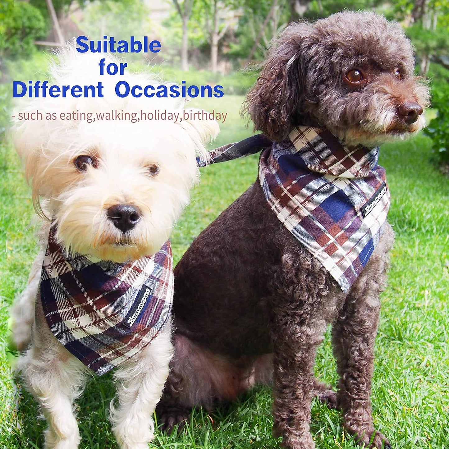 Adjustable Plaid Dog Bandanas,1PC Soft Washable Cotton Triangle Bib Kerchief Scarfs for Small Medium Large Dogs and Cats (Brown&Blue, Large)