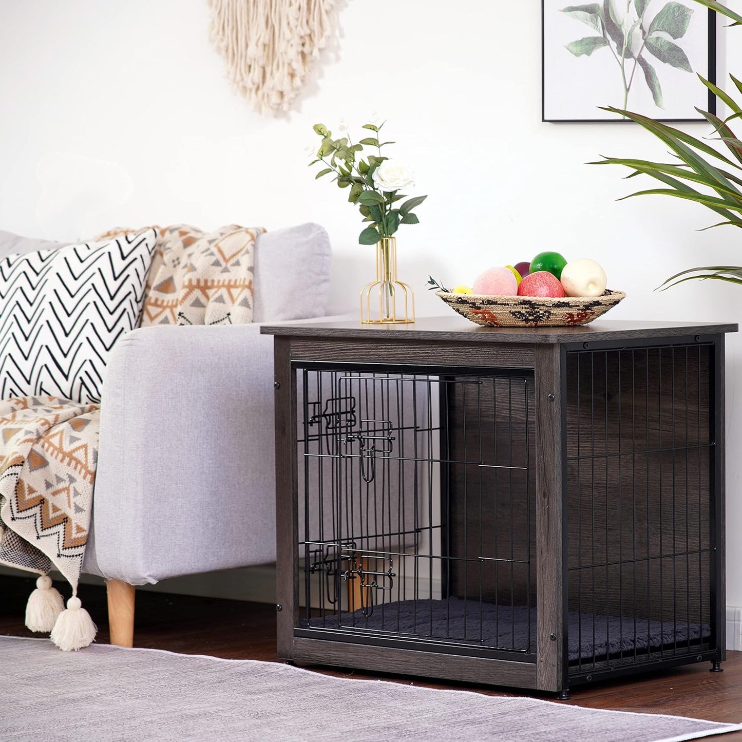 DWANTON Dog Crate Furniture with Cushion, Wooden Kennel Table with Double Doors, Indoor Dog House, Small/Medium/Large/Extra Large Size, 27.2" L, Dark Gray