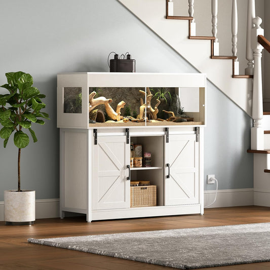 60 Gallon Reptile Terrarium with Stand, Terrarium Enclosure with Acrylic Doors, Storage Cabinet with Barn Door, Mesh Lid & Power Outlet – Vivarium Habitat for Medium Reptiles White PX05RTW