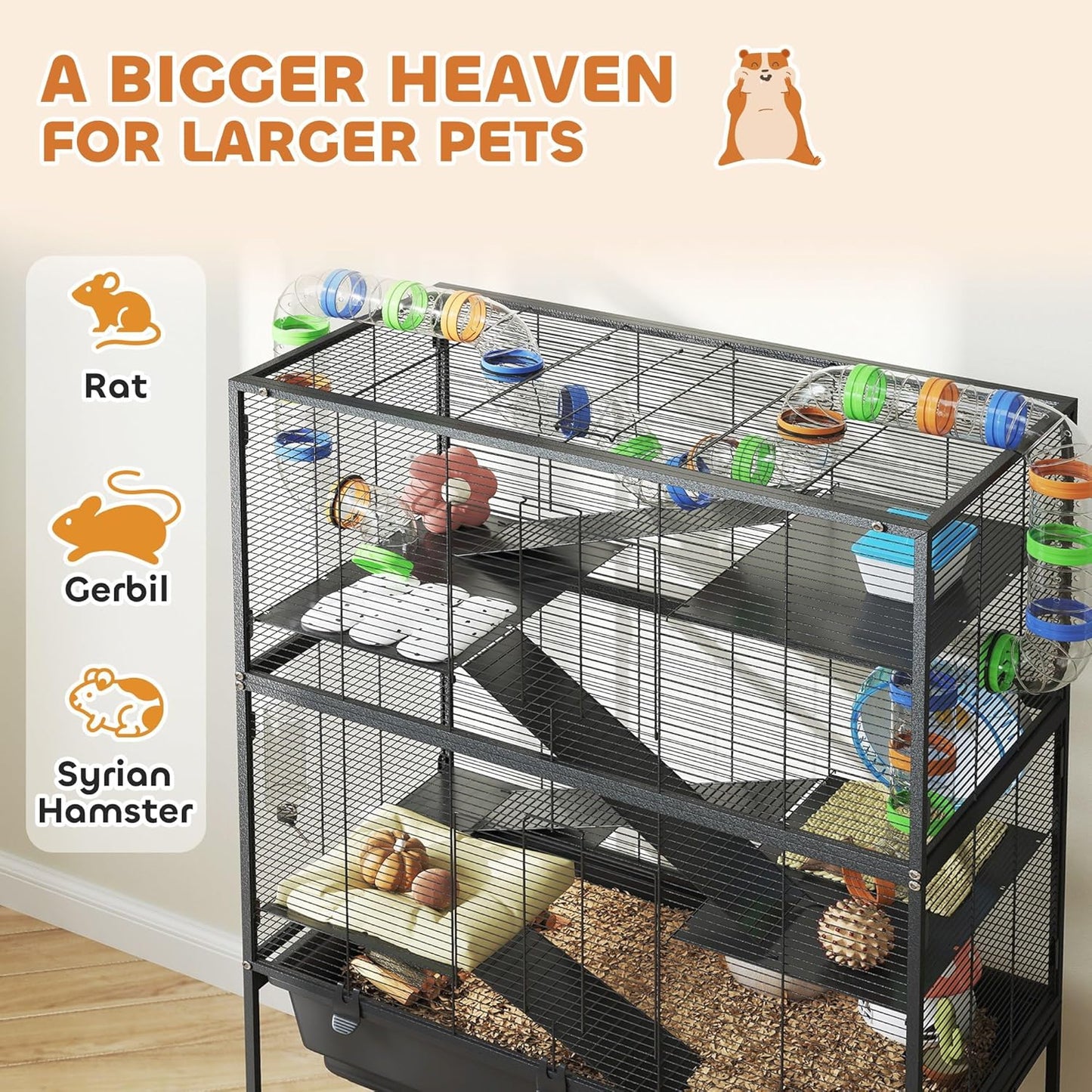 PawHut Hamster Cage with Deep Tray, 5 Tier Rolling Rat Cage with Storage Shelf, Big Exercise Wheel, Tube System, Hut, Platforms, Ramps, Food Dish, Water Bottle, for Syrian, Gerbil, Mouse