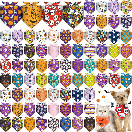 Reginary 72 Packs Halloween Dog Bandanas Bulk Pumpkin Ghost Pet Bandanas Triangle Scarf Bibs Adjustable Dogs Bandana for Halloween Thanksgiving
