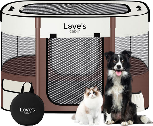 Love's cabin Pet Puppy Dog Playpen, Large Dog Tent Crates Cage Indoor/Outdoor, Portable Exercise Playpen for Cat, Foldable Pop Up Dog Kennel Playpen with Carring Case (L, Brown)