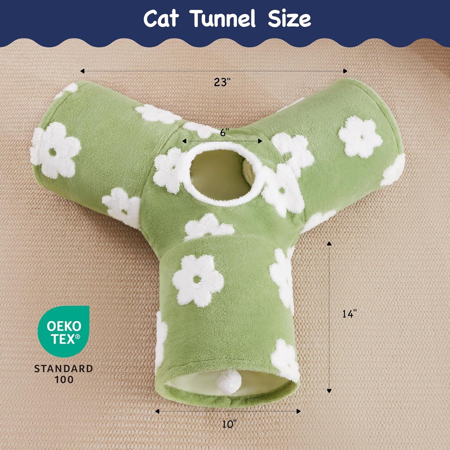 Tempcore Flannel Pet Cat Tunnel Tube Cat Toys 3 Way Collapsible, Cat Tunnels for Indoor Cats，Kitty Tunnel Bored Pet Toys Peek Hole Toy Ball Puppy, Kitty, Kitten, Rabbit Daisy Green