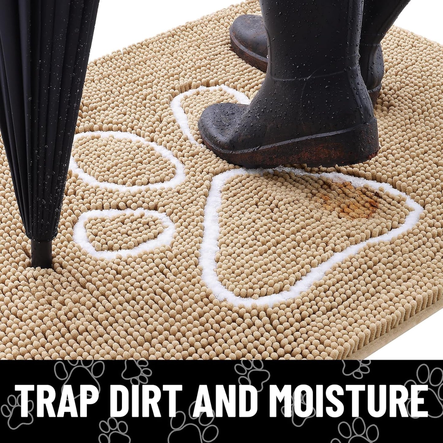 Smiry Dog Door Mat for Muddy Paws, Absorbent Dirt Trapper Non Slip Quick Dry Washable Chenille Mat for Mud Dogs, Entry Rug for Indoor and Outdoor (30x20 Inches, Beige)