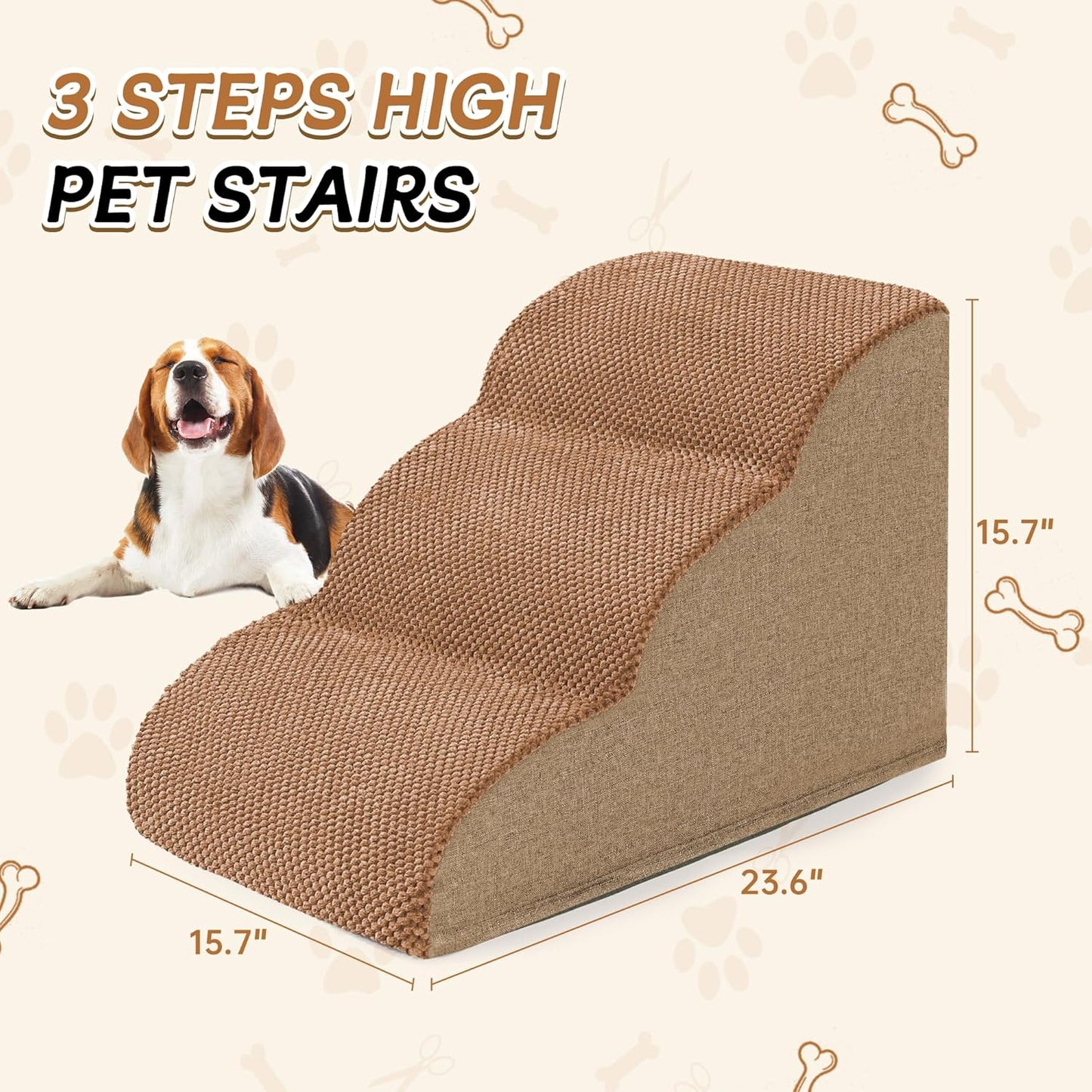Romrol Dog Stairs Ramp for High Beds Couches, High Density Foam Pet Steps with Durable Non-Slip Waterproof Fabric Cover, Dog Stairs for Small Dogs or Cats or Pets, 3-Step,15 Inch,Light Brown